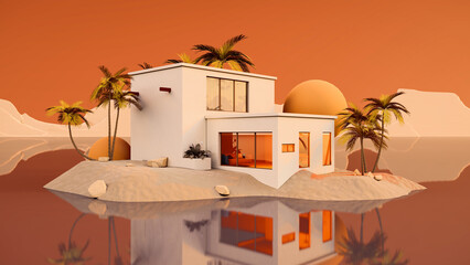 Architecture 3d rendering illustration of minimal modern house on a beach with water reflection and palm trees background