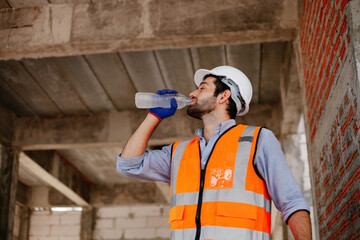A construction worker drinking water Engineers or workers are tired from hard work. Image of...