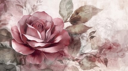 Dusky Pink Roses: Acrylic Painted Floral Illustration, vintage wallpaper of dusky pink roses for paper print, background, invitation and greeting card. Generative AI