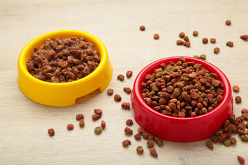 Wet and dry pet food in feeding bowls on light background.