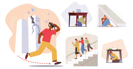 Characters Observe Earthquake Safety Rules. Drop, Cover, Hold On, Stay Away From Windows. Use Plan Evacuation Routes