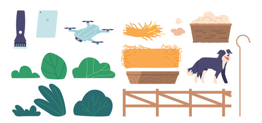Sheep Livestock Equipment Includes Shearing Tool, Trimmer, Water Troughs, Hay Feeder, Shepherd Staff and Dog