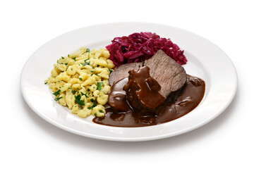 Sauerbraten (a German national dish, marinated braised beef) with Rotkohl (red cabbage), Spaetzle(small egg pasta)
