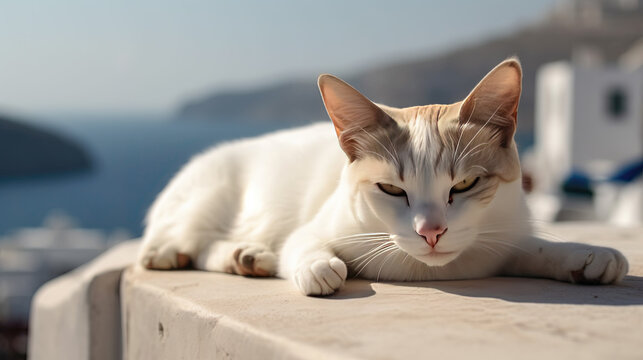 a white cat lies on a wall in greece and basks in the sun. Generative AI