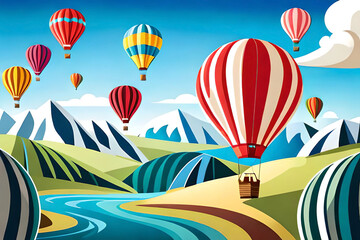 Fototapeta a colorful hot air balloon festival, with a blue sky and white clouds as the backdrop, various hot air balloons in different shapes and sizes, a sense of joy and wonder, with intricate details and pla obraz