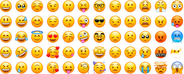 Big set of emoticons. Funny emoticons faces with facial expressions. Full editable vector icons. Detailed emoji icons. IOS emoji set. - obrazy, fototapety, plakaty