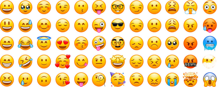 Naklejki Big set of emoticons. Funny emoticons faces with facial expressions. Full editable vector icons. Detailed emoji icons. IOS emoji set.