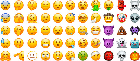 Big set of emoji. Funny emoticons faces with facial expressions. Full editable vector icons.  Detailed emoji icons. iOS emoji set.