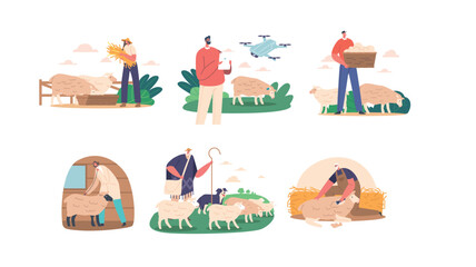 Farmer Characters Breed And Raise Sheep For Wool, Milk, And Meat, Care For The Flock's Health, Provide Adequate Food © Pavlo Syvak