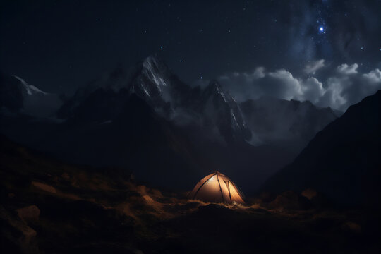 Tent lit at night in the snowy mountains at night with the sky full of stars and the Milky Way. Generative AI.