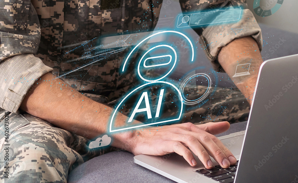 Poster man using laptop or smartphone with chat gpt chat with ai, artificial intelligence, system artificia