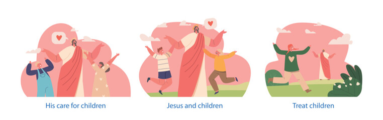 Jesus And Children Characters Celebrate On Grassy Field, Happy Faces And Colorful Clothes Creating Joyful Scene Of Love
