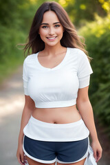 Fototapeta premium A beautiful woman in white shirt and shorts stands outdoor next to the wall. Generative AI