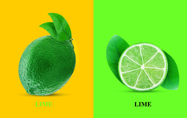 Fresh lime one cut in half, with leaf isolated on yellow and green background