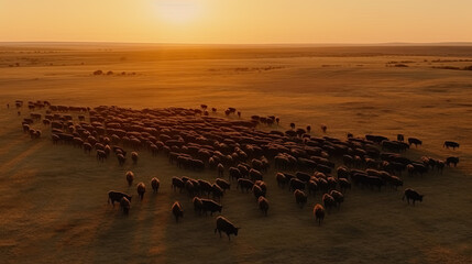 aerial view of a herd of cattle at sunset. Generative AI