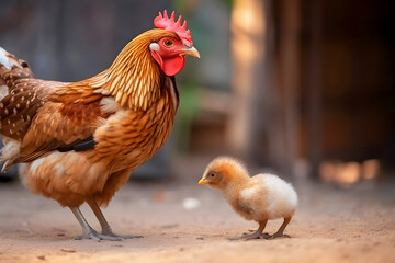 Fototapeta premium Brown adult mother hen teaches little fluffy chick. Education and learning, parents and children, teacher and student. Generative AI