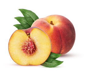 Peach fruit one cut in half with green leaf