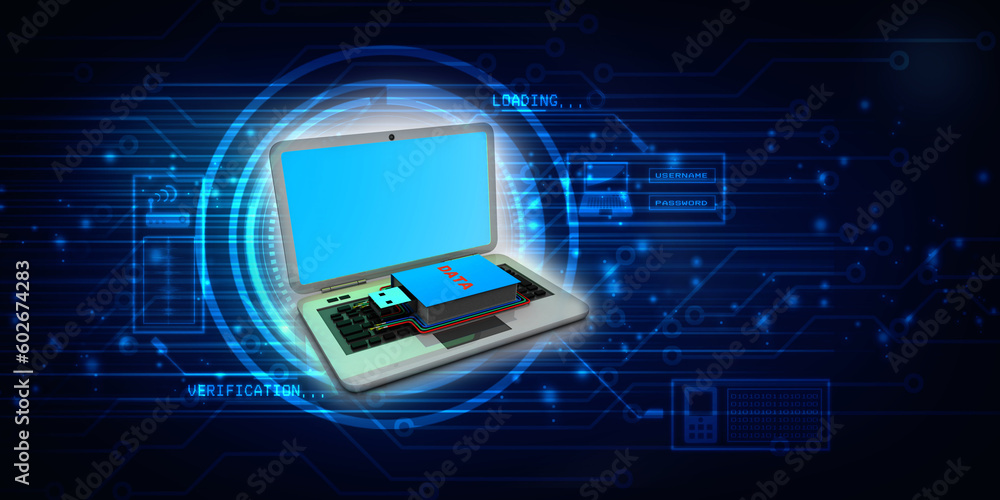 Poster 3d rendering data text word usb flash drive connected laptop