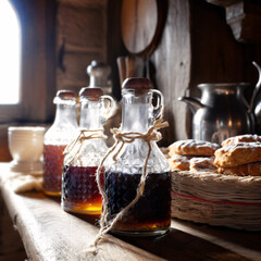 Beautiful display of maple syrup bottles in kitchen with fresh baked goods. Generative AI
