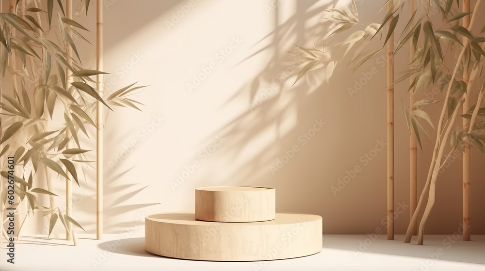 Poster bamboo product display podium for natural product. empty scene with bamboo branch. generative ai