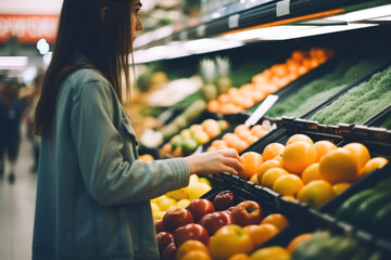 Woman shopping for groceries fruits and vegetables in a grocery supermarket store. Generative AI