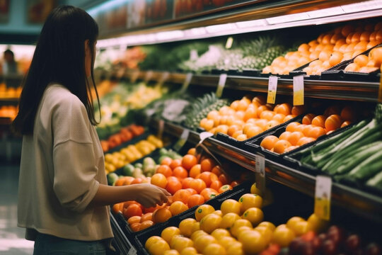 Young woman shopping for fruits and vegetables. Generative AI