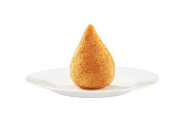 Coxinha do PratoCoxinha, traditional Brazilian snack, stuffed with chicken and fried. Isolated on white background for creating digital arts. Chicken drumstick