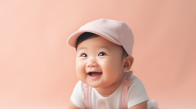 Joyful baby happily on a soft and dreamy pastel background. Generative AI