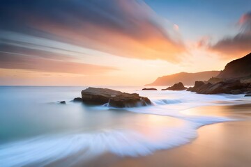 Naklejka premium Sea sunset in the golden hour, generative ai