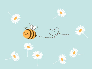 Daisy flower garden with bee cartoons on blue mint background vector.