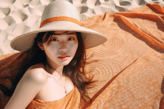 Beach Sun-Kissed Beauty. Stunning chinese sexy woman with straw hat basking in golden hour light, laying on beach towel. Bikini, skincare, summer and topless concept AI Generative