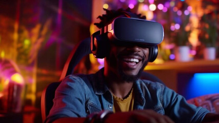 A virtual reality. Black man in virtual reality glasses laughing