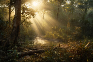jungles in the morning, rays of sun Generative AI