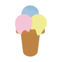 Multicolored ice cream in a waffle cup. Illustration in a flat style for the design of t-shirts, postcards