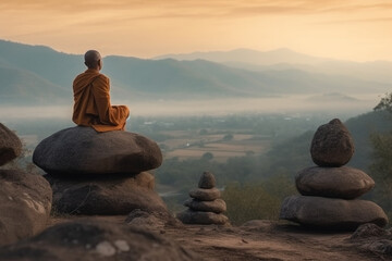 a monk sitting back and meditating near balancing stones, scenic view, relaxing atmosphere Generative AI - obrazy, fototapety, plakaty