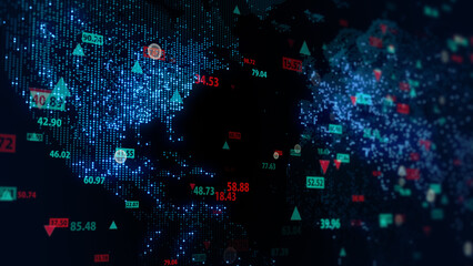3d rendering of stock market data on digital earth map background