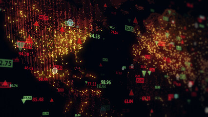 3d rendering of stock market data on digital earth map background