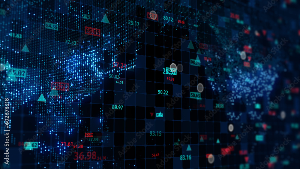Poster 3d rendering of stock market data on digital earth map background