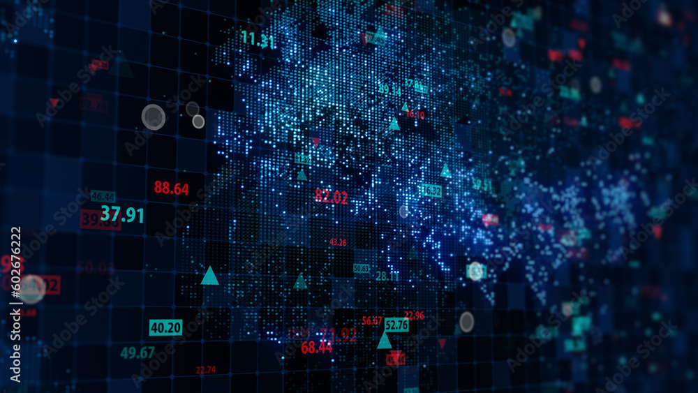 Poster 3d rendering of stock market data on digital earth map background