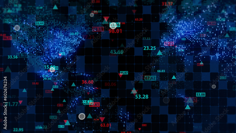 Poster 3d rendering of stock market data on digital earth map background