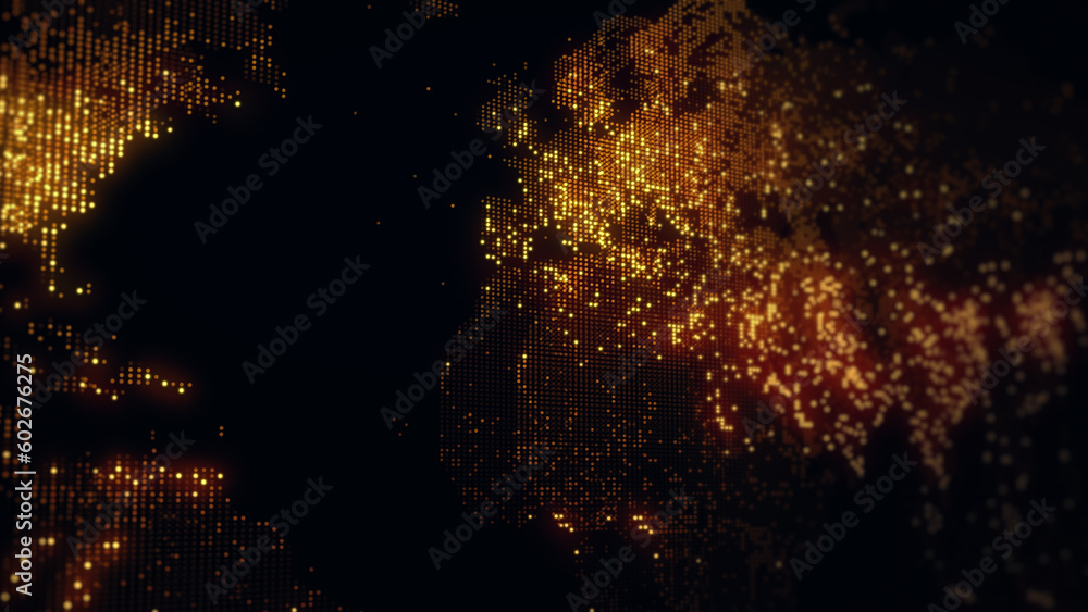 Poster 3d rendering of a digital map of the earth. the lights of megacities merge in a soft glow