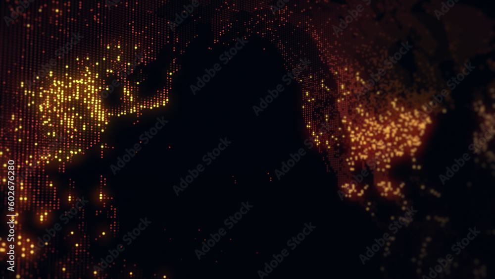 Poster 3d rendering of a digital map of the earth. the lights of megacities merge in a soft glow