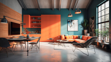 Modern interior of living room with stylish accessories in fashionable orange and blue colors. Trendy furniture elegant apartment. Generative AI