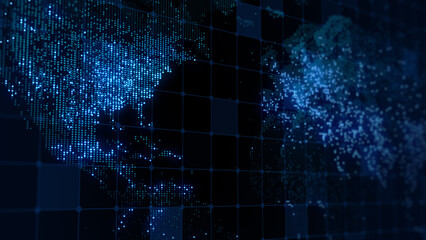 3D rendering of a digital map of the Earth. The lights of megacities merge in a soft glow
