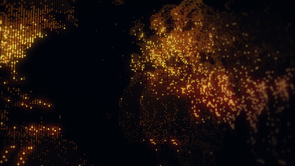 3D rendering of a digital map of the Earth. The lights of megacities merge in a soft glow