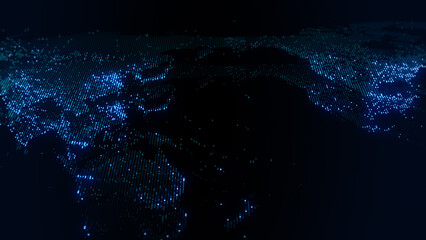 3D rendering of a digital map of the Earth. The lights of megacities merge in a soft glow