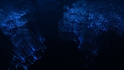 3D rendering of a digital map of the Earth. The lights of megacities merge in a soft glow