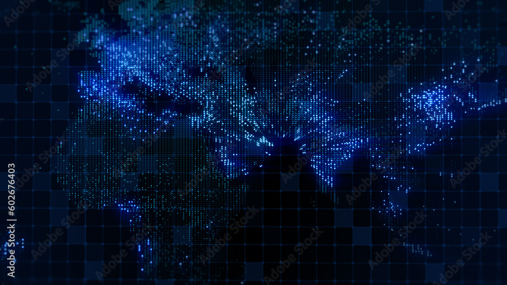 Poster 3d rendering of a digital map of the earth. the lights of megacities merge in a soft glow