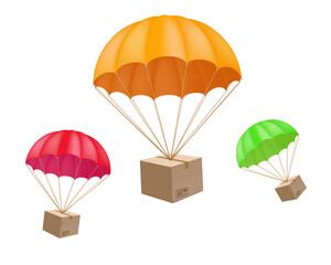 Cardboard boxes fly on colored parachutes