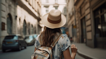 back view of a young tourist woman with a hat exploring a city. Generative AI